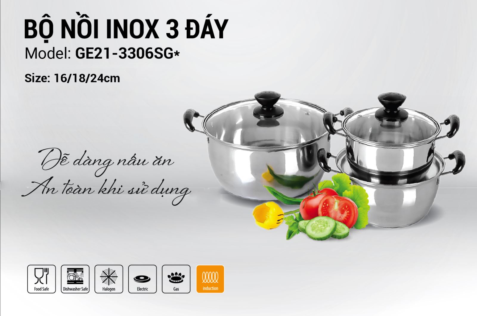 Bộ nồi inox bếp từ Goldsun GE21-3306SG*